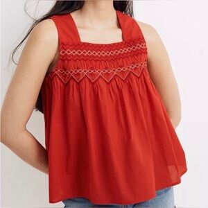 Madewell Red Embroidered Smocked Tank Top